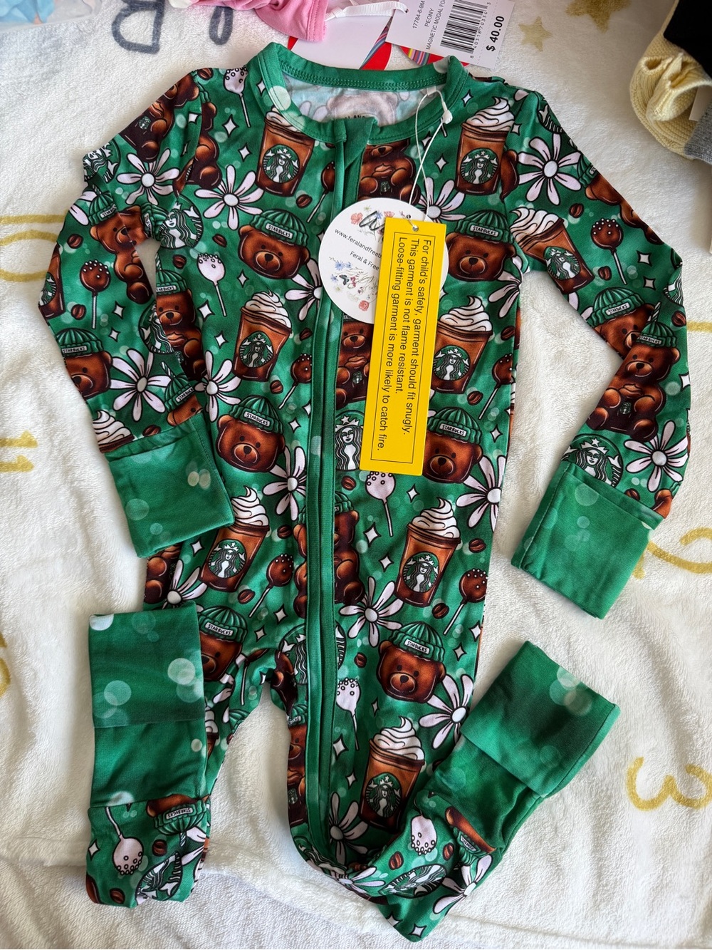 Feral and free Bamboo footies- Starbucks bear- 6-12M